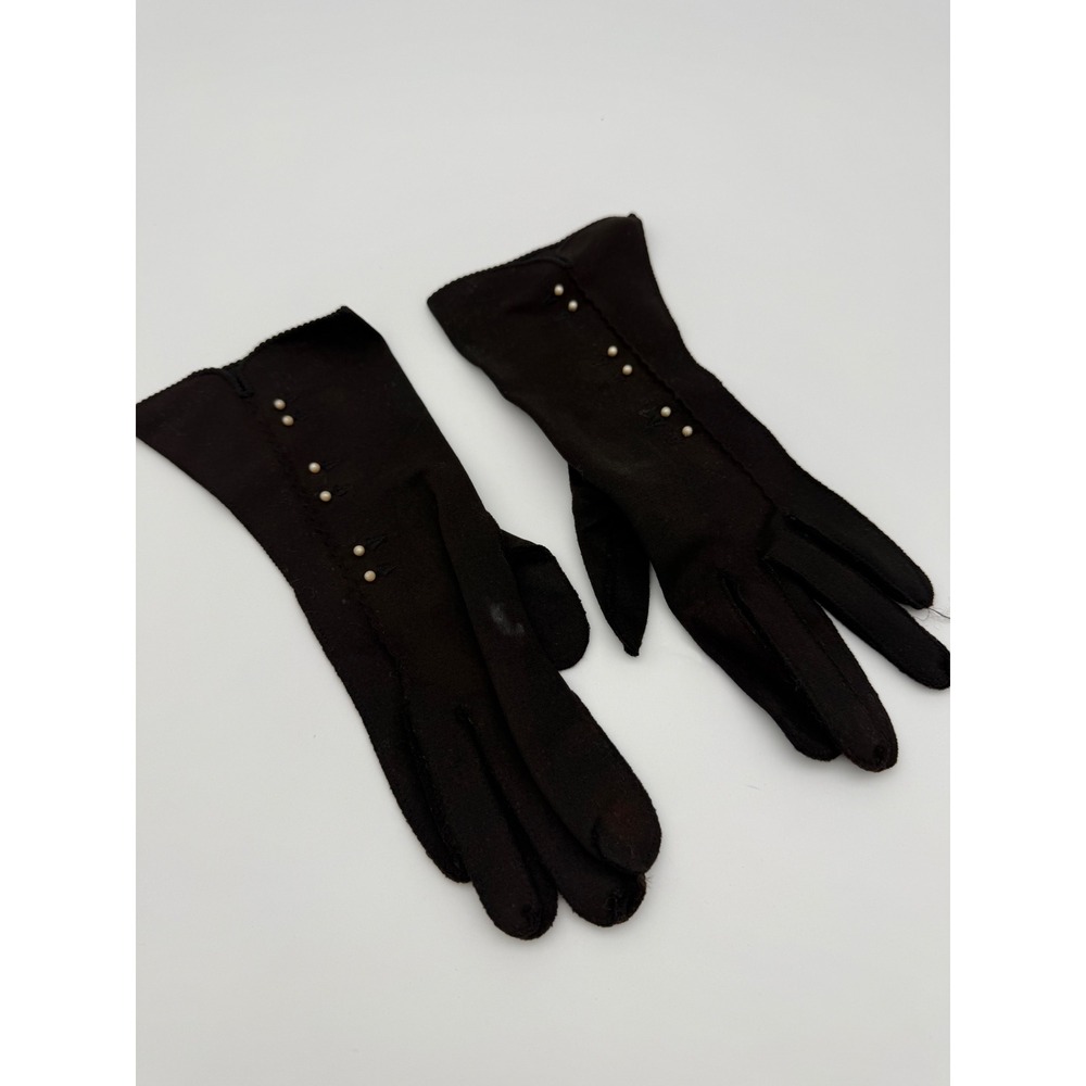 Vintage Lady Gay Black Stretch Nylon Gloves Size 7 Pearl Button Mid Century